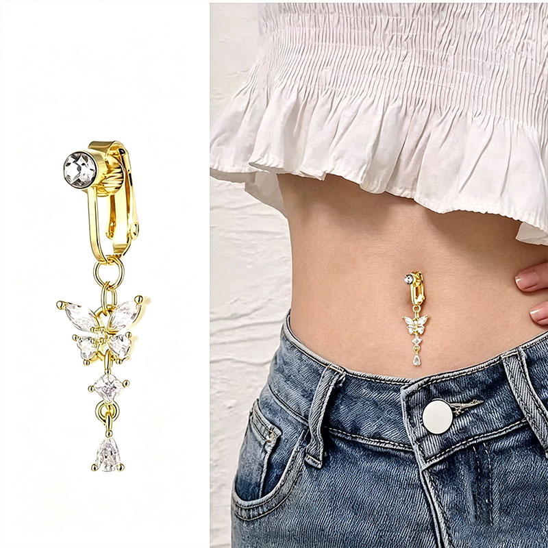 Body Jewelry Hoops - 1Pc Butterfly Design CZ Fake Belly