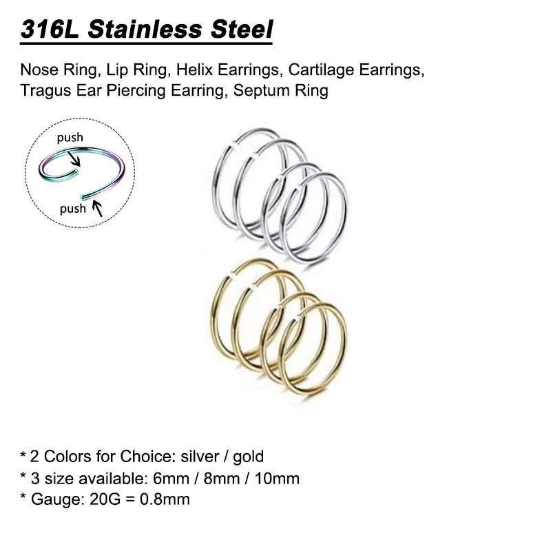 6pcs/lot Hypoallergenic Nose R - Body Jewelry Hoops 评论和价格